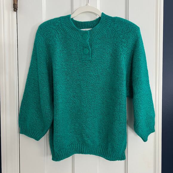 Vintage 80s 90s Emerald Green Sweater 3/4 Sleeve - Picture 8 of 8